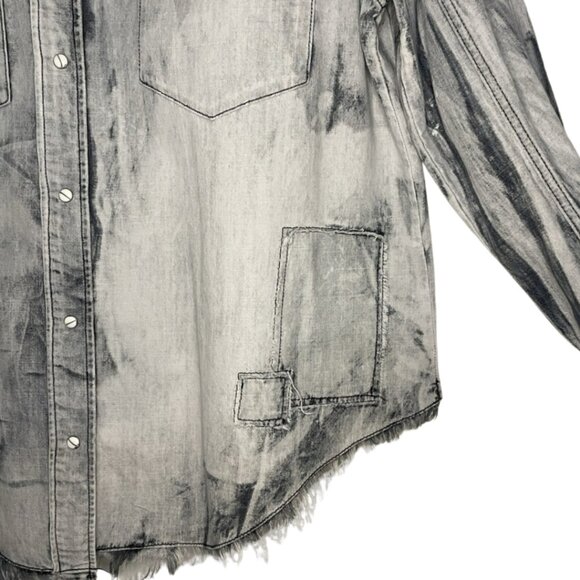Oli & Hali Acid Wash Denim Shirt M Oversized Distressed Snap Front Patchwork - Picture 4 of 15